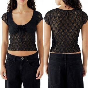 Wild Love Black Floral Lace Mesh Babydoll Blouse Sz L Whimsigoth Grunge Witchy